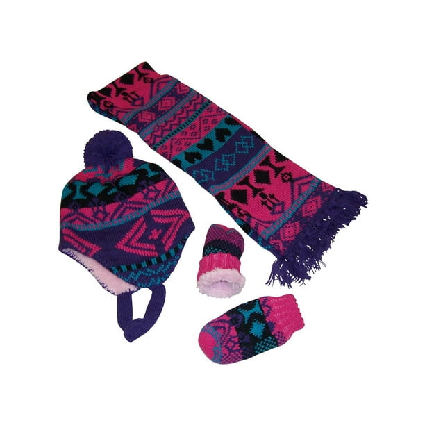 NICE CAPS Toddler Girls Baby Sherpa Lined Knit Hat Mittens Scarf Winter Snow Set